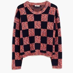 NWT Madewell Checkered Pullover Sweater Boxy Cropped Navy Blue Pink Size Large